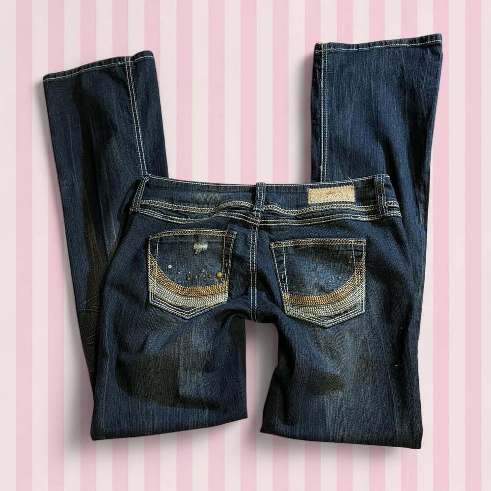 Almost Famous Low Rise Bootcut Jeans Size 7 Gold Stitching Rhinestones